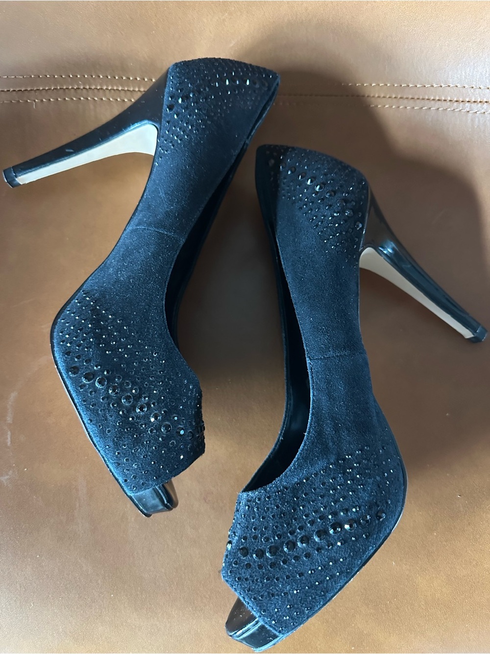 White House Black Market Black Rhinestone Peep Toe 9M Chrystol Party Stiletto - Picture 6 of 12